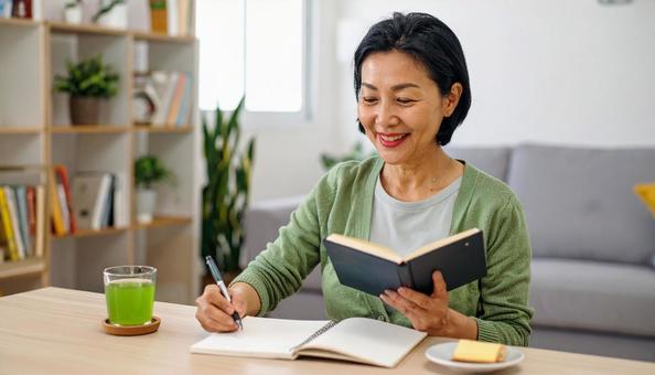 テキストを開きノートに書く日本人女性 テキストを開きノートに書く日本人女性の写真