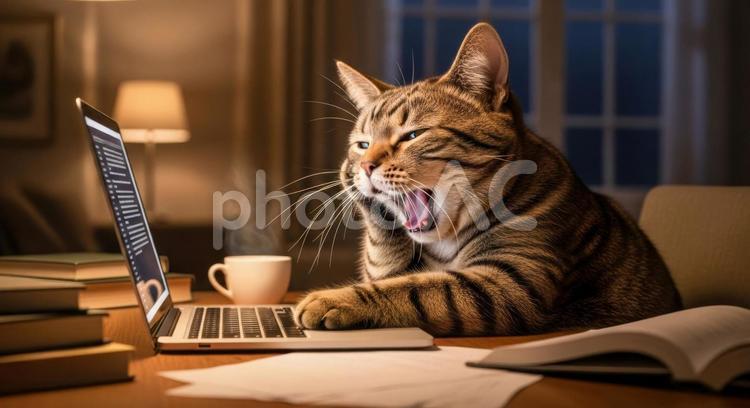 ノートパソコンに向かって大あくびする猫 猫,あくび,眠いの写真素材