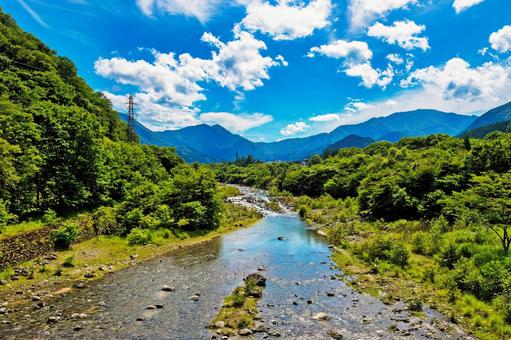 夏の日光の風景。煌めく大谷川 夏,山,川の写真素材