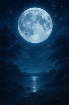 幻想的な満月と静かな夜の湖 幻想的な満月と静かな夜の湖の写真