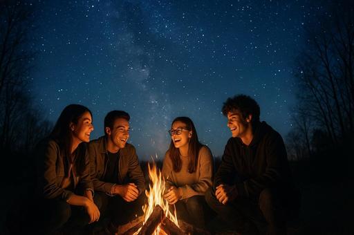 星空の下の焚き火仲間の写真