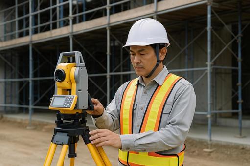 仮設足場で機材点検をする測量士 仮設足場で機材点検をする測量士の写真