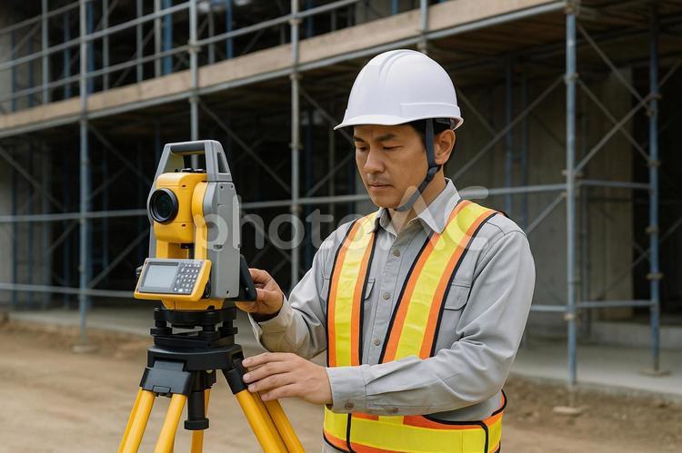 仮設足場で機材点検をする測量士 仮設足場,測量機器,作業員の写真素材