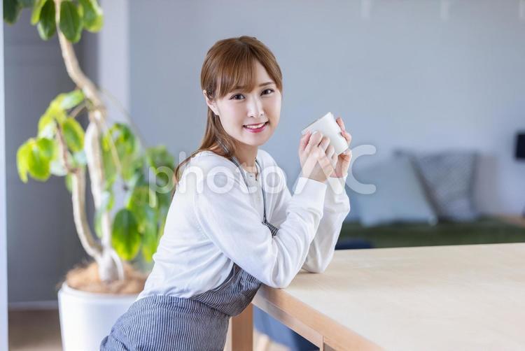 エプロンをした笑顔の女性　 女性,主婦,マグカップの写真素材