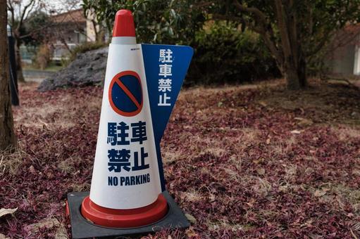 落葉の上に駐車禁止目印カラーコーン 落葉の上に駐車禁止目印カラーコーン 禁止,カラーコーン,注意の写真素材