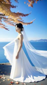 秋の紅葉の中のウェデイングドレス姿の花嫁 秋の紅葉の中のウェデイングドレス姿の花嫁の写真