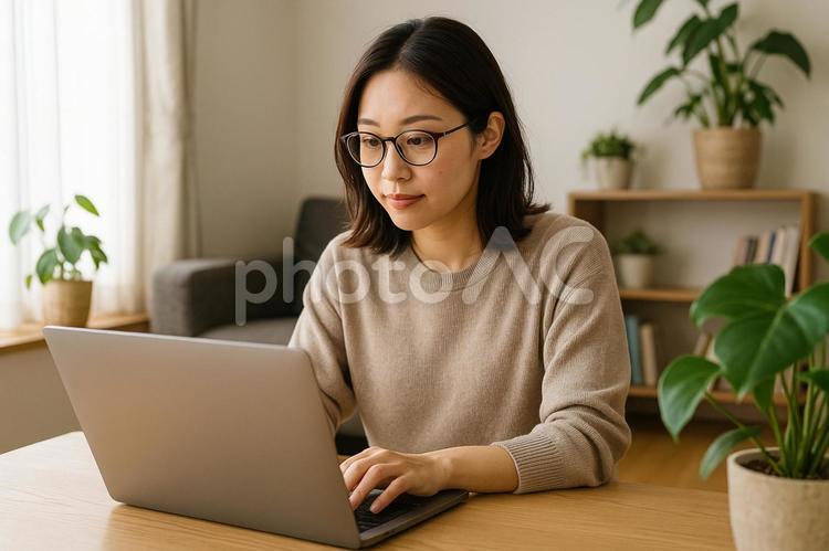 在宅勤務女性PC操作 在宅勤務,女性,パソコンの写真素材