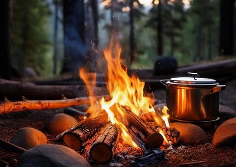 キャンプで焚火の写真