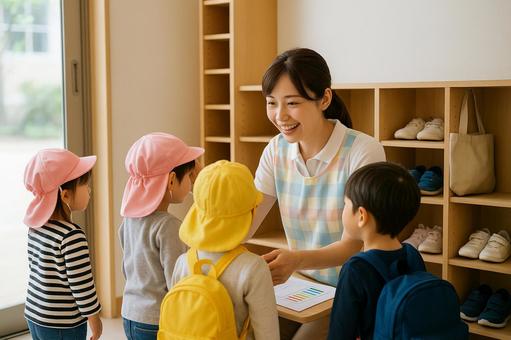 保育士散歩準備風景 保育士散歩準備風景の写真