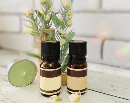 ラベル付きティーツリーのイメージの精油 アロマ,アロマオイル,ボトルの写真素材