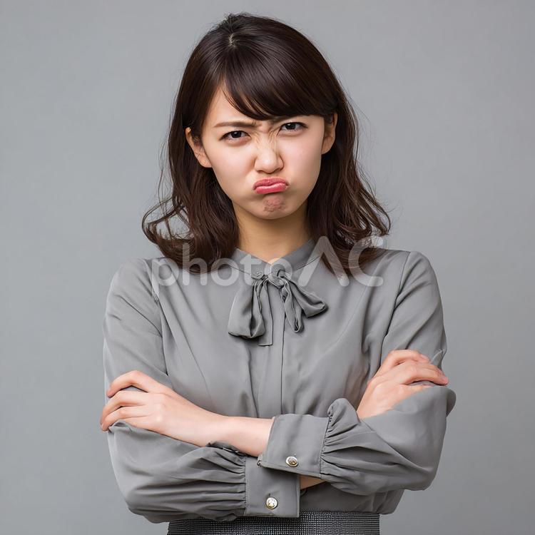 グレーのブラウスを着た女性の不機嫌な表情 女性,日本人,オフィスの写真素材
