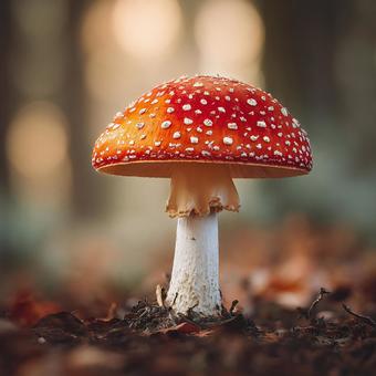 光に照らされた鮮明な赤いキノコの写真