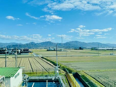 新幹線から眺める滋賀県豊郷町の田園風景 豊郷町,郊外,地方の写真素材