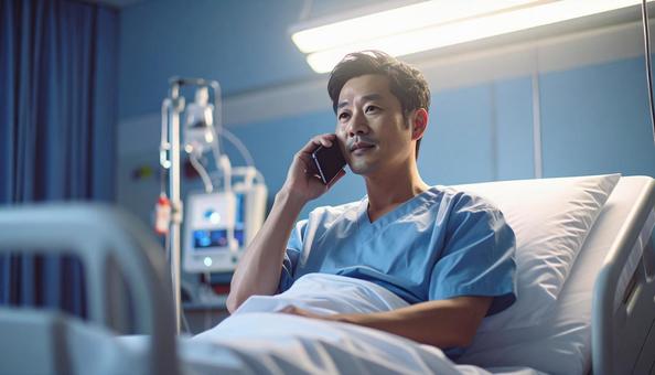病室のベッドから携帯で話をする男性患者 病室のベッドから携帯で話をする男性患者の写真
