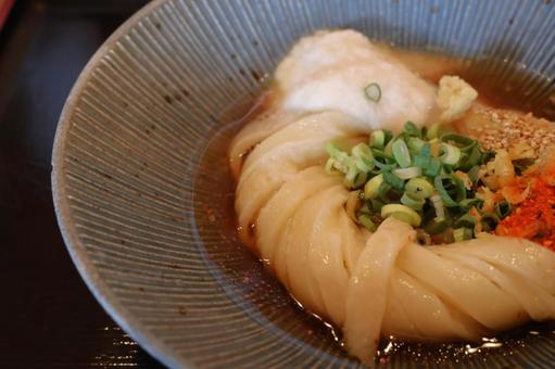さぬきうどん店の平打ち麺の渦巻きぶっかけ さぬきうどん店の平打ち麺の渦巻きぶっかけ ぶっかけ,うどん,渦巻きの写真素材