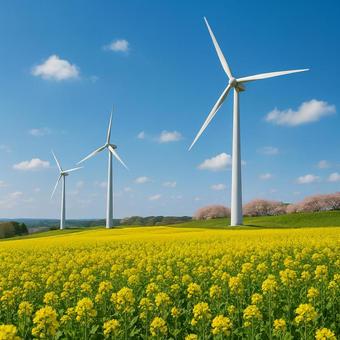 菜の花と風力発電の写真