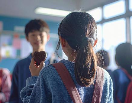 バレンタインチョコを緊張して持つ女の子 バレンタインチョコを緊張して持つ女の子の写真