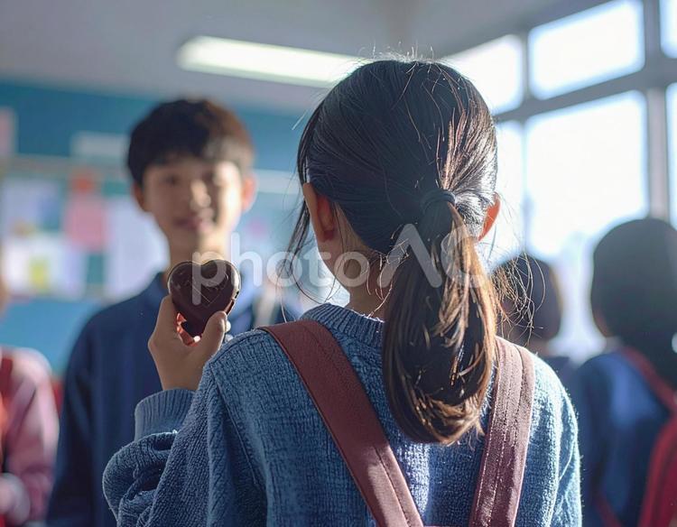 バレンタインチョコを緊張して持つ女の子 初恋,バレンタインチョコレート,2月の写真素材