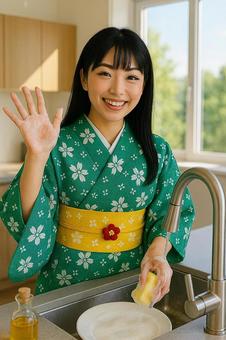 洗い物する和服女子の写真