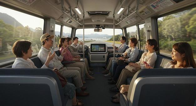AI全自動運転バスでくつろぐ乗客の写真