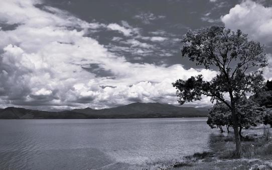静寂の田沢湖と夏空の絶景(モノクロ) 静寂の田沢湖と夏空の絶景(モノクロ) 田沢湖,湖,水面の写真素材