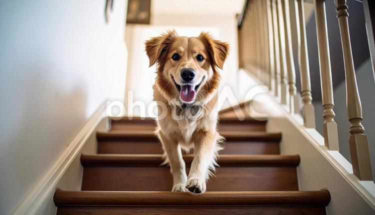 階段を駆け下りる犬 犬,目,階段の写真素材