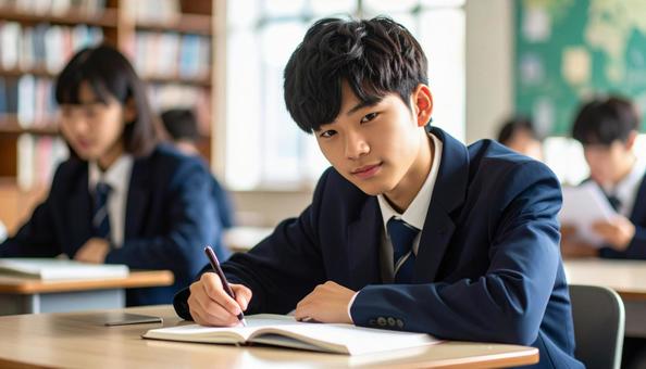 教室でノートを取り微笑む男子学生の風景 教室でノートを取り微笑む男子学生の風景の写真