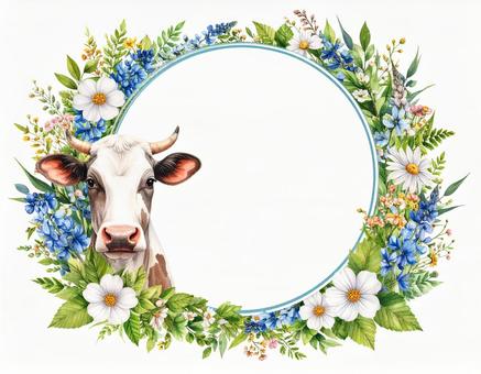 牛と葉と花のフレームの写真