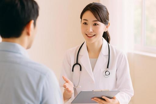 女性の医師から話を聞く男性 女性の医師から話を聞く男性の写真