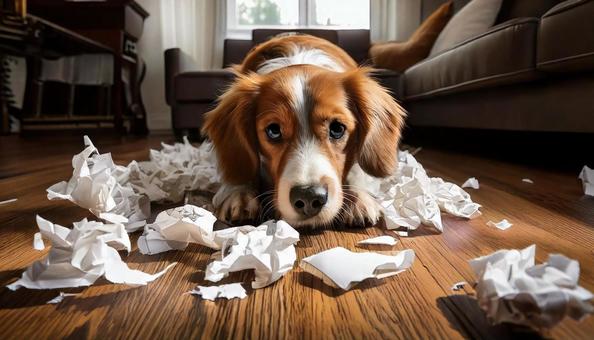 A puppy regretting his prank of tearing up a piece of paper, puppy, mischief, paper, JPG