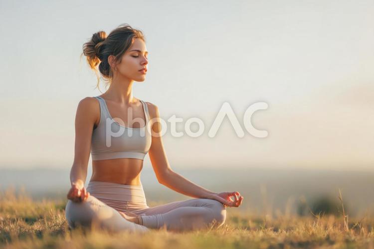 屋外でヨガをする女性 女性,ヨガ,フィットネスの写真素材