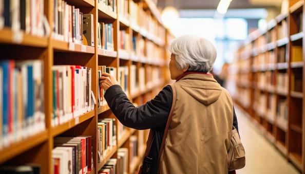 図書館で本を探しているシニア女性 図書館で本を探しているシニア女性の写真