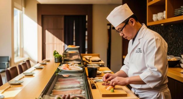 高級寿司店の店内と職人の調理風景の写真