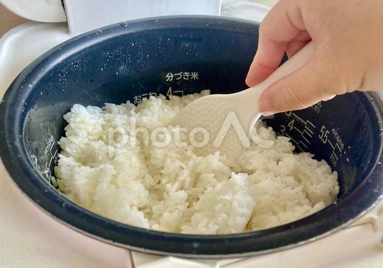 炊飯器のご飯、しゃもじを持つ手アップ 炊飯器,ご飯,炊くの写真素材