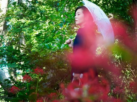 40:彼岸花を静かに見つめる女性 40:彼岸花を静かに見つめる女性 彼岸花,ミステリアス,幻想的の写真素材