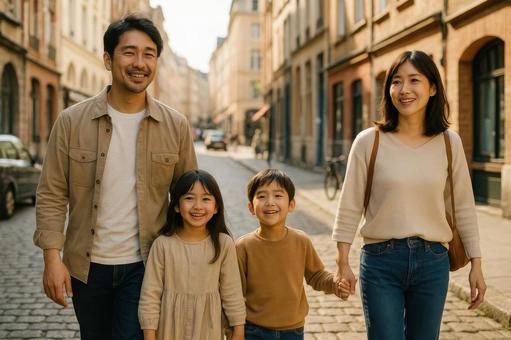 家族で異国の街を歩くの写真