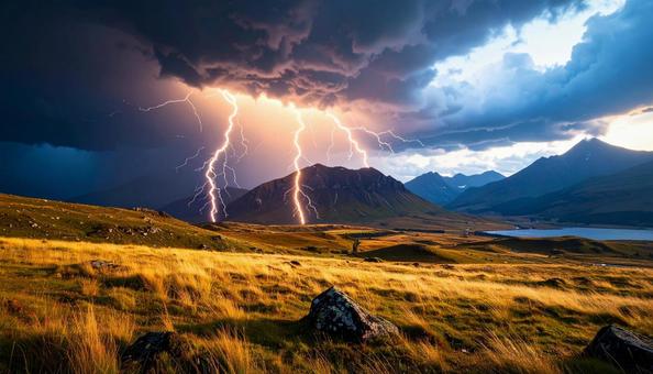 青白い稲光 落雷 山の写真 青白い稲光 落雷 山の写真の写真