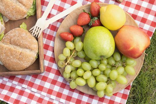 真上から見たカラフルなフルーツやパン ピクニック,フルーツ,ぶどうの写真素材