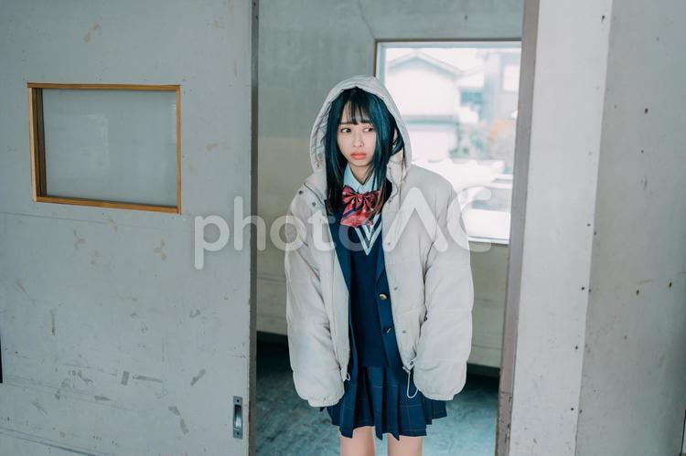 寒い日にコートを着て通学する女子高校生 女子高校生,高校生,学生の写真素材