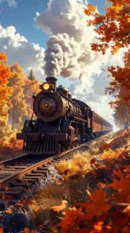 秋の紅葉とスチームパンクな列車 秋の紅葉とスチームパンクな列車の写真
