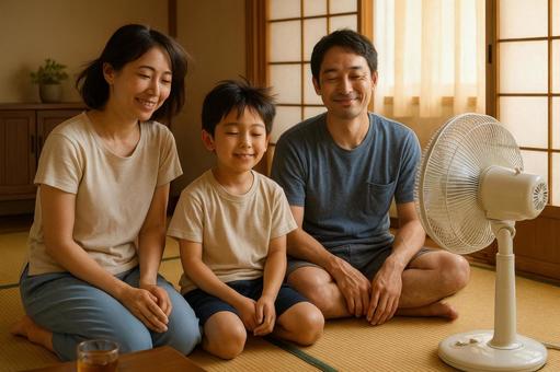 扇風機の前でくつろぐ家族 扇風機の前でくつろぐ家族の写真