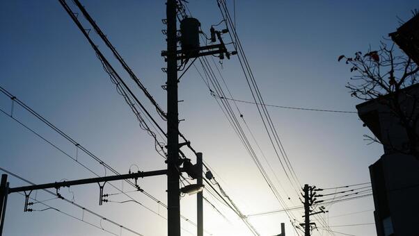 空と電線 夕暮れ,空,電線の写真素材