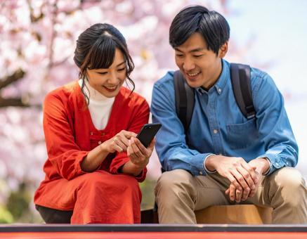 公園でスマホを一緒に見るカップル 公園でスマホを一緒に見るカップルの写真