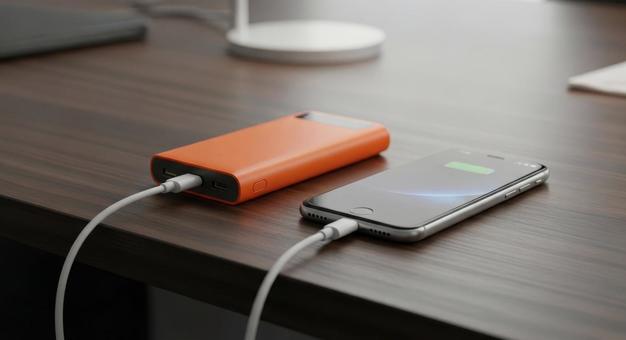 オレンジ色モバイルバッテリーでスマホ充電 オレンジ色モバイルバッテリーでスマホ充電の写真