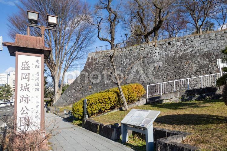 寒々しい木々と盛岡城跡公園標柱と青空 盛岡,冬,12月の写真素材