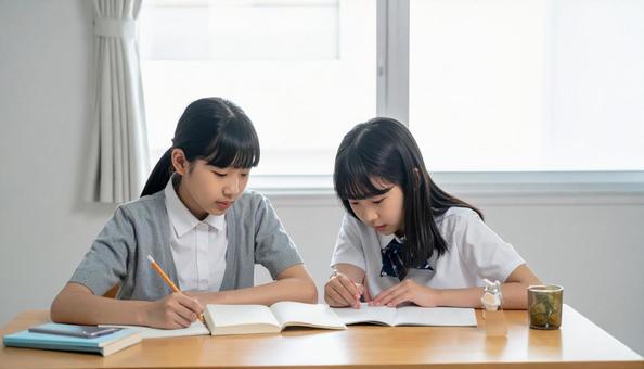 夏休み、勉強をする女子小学生・中学生 夏休み、勉強をする女子小学生・中学生の写真