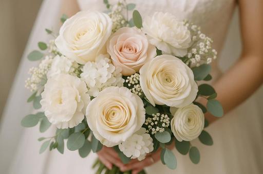 上品な白いウェディングブーケを持つ花嫁 上品な白いウェディングブーケを持つ花嫁の写真