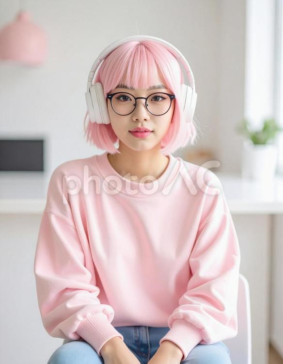 ヘッドホンをする女性 女性,ヘッドホン,ピンクの写真素材