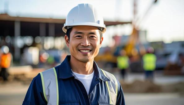 建設現場で働く作業服の若い男性の写真 建設現場で働く作業服の若い男性の写真の写真