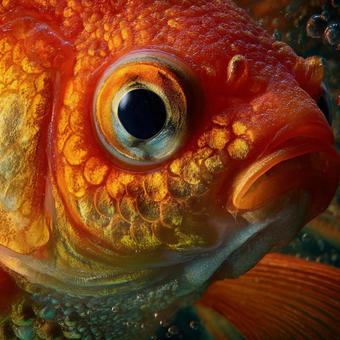 水中で輝くオレンジの金魚のクローズアップ 水中で輝くオレンジの金魚のクローズアップの写真